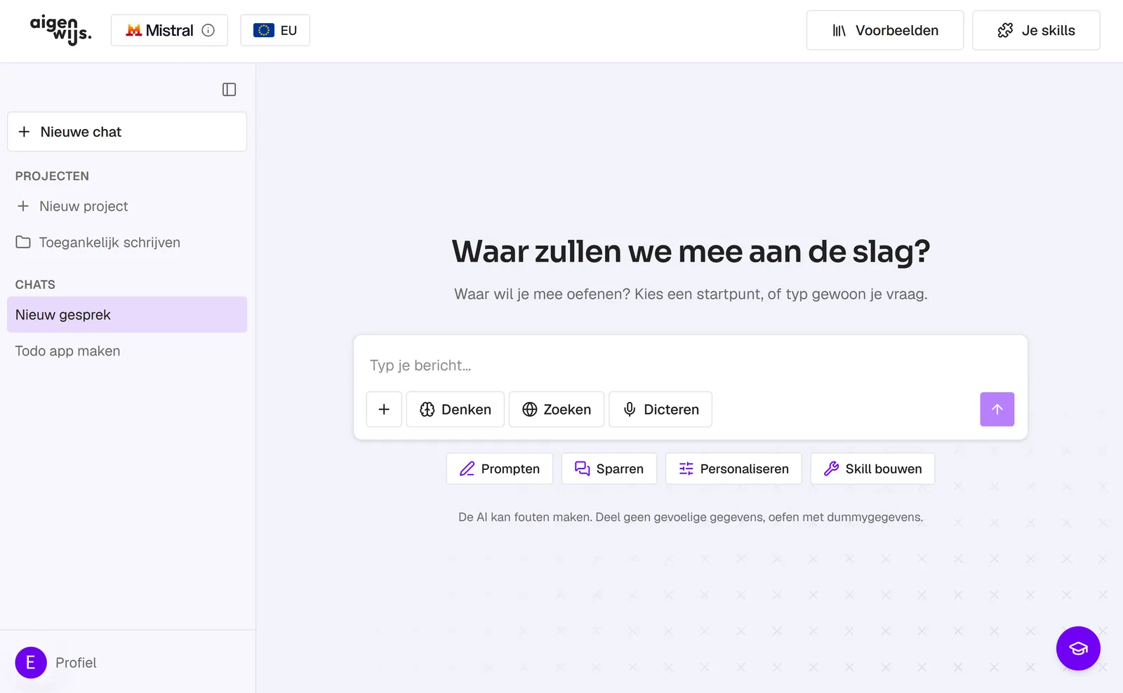 Startscherm van Aigenwijs Chat met de vraag 'Waar zullen we mee aan de slag?', het Mistral- en EU-label en een zijbalk met projecten en gesprekken.